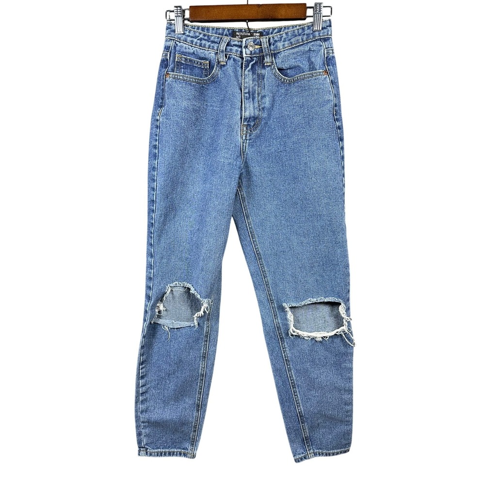 Pretty Little Thing Mom Jeans Womens US‎ 2 Medium Wash Blue Distressed Ripped